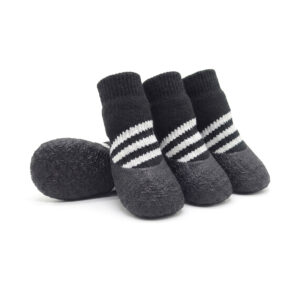 Stealth black scratch-proof furniture protector socks with white striped high-elastic compression cuffs.
