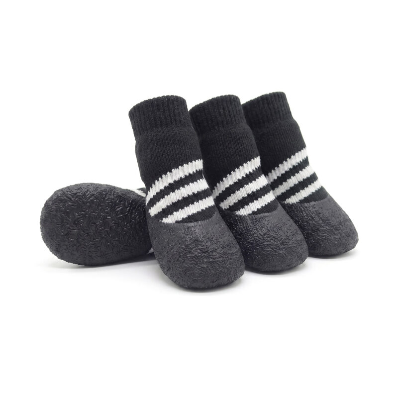 Stealth black scratch-proof furniture protector socks with white striped high-elastic compression cuffs.