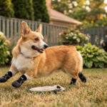 A Pembroke Welsh Corgi running fast on backyard grass wearing stealth black scratch-proof furniture protectors.