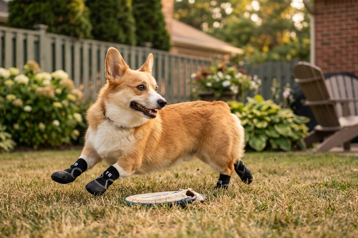 A Pembroke Welsh Corgi running fast on backyard grass wearing stealth black scratch-proof furniture protectors.