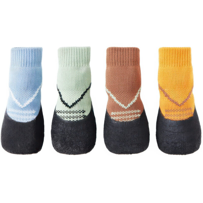 Four vibrant styles of scratch-proof paw protectors lined up cleanly in blue, green, brown, and tan.