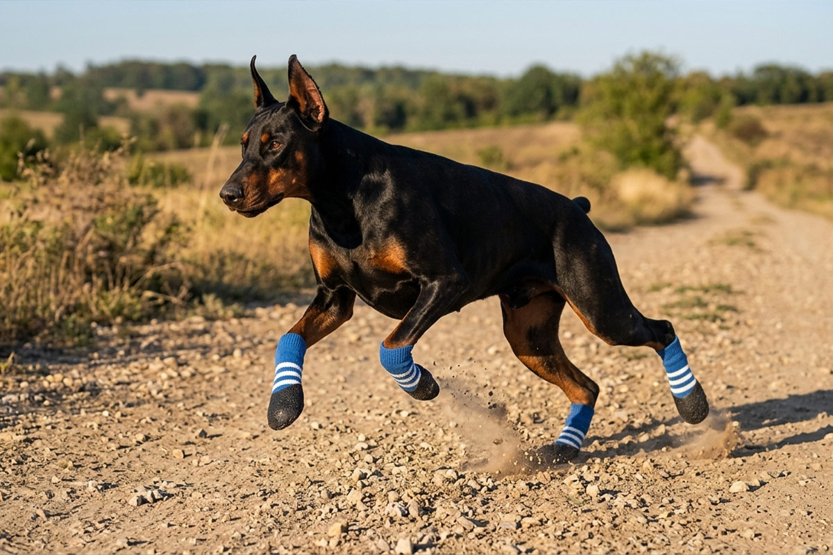 A Doberman sprinting powerfully on a rural dirt path wearing royal blue seamless waterproof bottom dog socks.