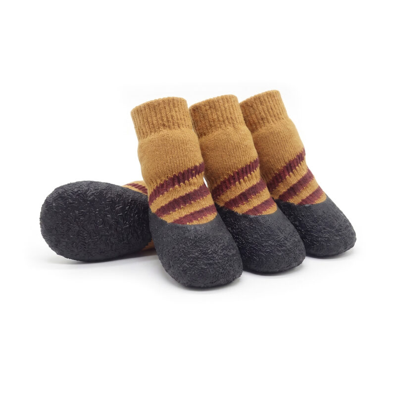 Camel tan seamless waterproof rubber bottom dog socks with burgundy stripes for hardwood floor furniture protection.
