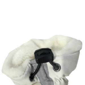 Adjustable elastic drawstring toggle closure on snow proof outdoor dog boots to lock out snow flurries and sand.
