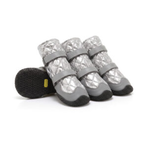 Snow Waterproof Dog Boots Silver Gray Full Set Snow waterproof dog boots in silver gray showing four structured quilted winter booties with black non-slip soles.