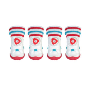 Symmetrical Front View Showcasing Central Quick Cable Fit System Front alignment view of four red and white sock-top dog shoes detailing the center mounted smart adjustment dials.