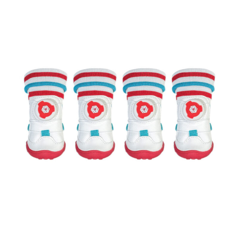 Symmetrical Front View Showcasing Central Quick Cable Fit System Front alignment view of four red and white sock-top dog shoes detailing the center mounted smart adjustment dials.
