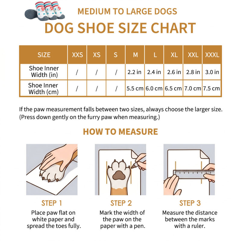 Easy-On-Off Dial-Fit Sock-Top Dog Shoes Size Chart for Medium to Large Dogs Paw measurement guide, how to measure, and sizing chart for sock-top medium to large dogs shoes.