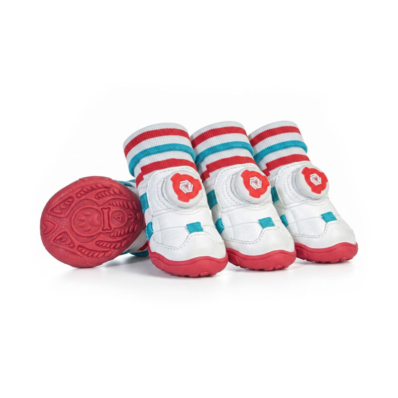 Paw Clad Mechanical Dial Pet Booties Red and White Small Breed Edition Red and white sock-top dog shoes with flexible red rubber soles and an adjustable quick twist mechanical dial system.