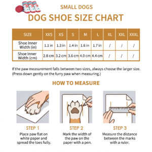Easy-On-Off Dial-Fit Sock-Top Dog Shoes Size Chart for Small Dogs Paw measurement guide, how to measure, and sizing chart for sock-top small dogs shoes.
