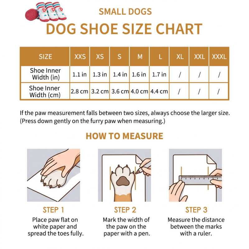 Easy-On-Off Dial-Fit Sock-Top Dog Shoes Size Chart for Small Dogs Paw measurement guide, how to measure, and sizing chart for sock-top small dogs shoes.