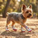 Small Yorkshire Terrier walking on a sunlit dirt path wearing red and white sock-top dog shoes.