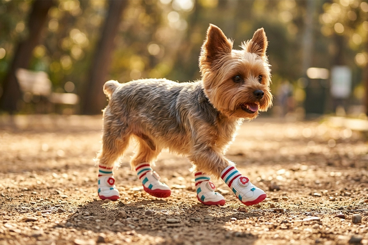 Small Yorkshire Terrier walking on a sunlit dirt path wearing red and white sock-top dog shoes.