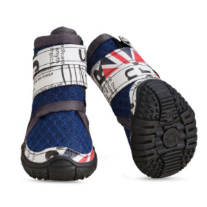 Soft-Sole Dog Shoes For Cushioning Royal Blue Traction Profile Front and bottom view of soft-sole dog shoes for cushioning in royal blue detailing the paw print sole motif.