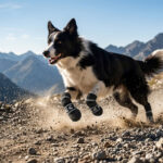 Active Border Collie sprinting on a mountain trail wearing stealth black soft-sole dog socks.