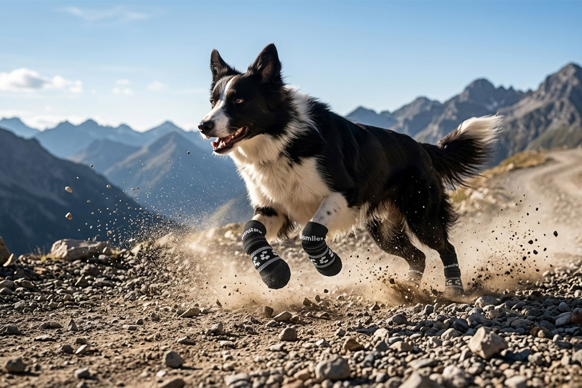 Active Border Collie sprinting on a mountain trail wearing stealth black soft-sole dog socks.