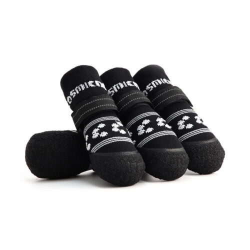 Stealth Black Soft-Sole Dog Socks Pack Stealth black soft-sole dog socks with white pattern detailing and reflective secure-fit velcro straps.
