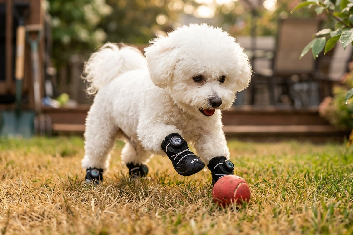 A small white Bichon Frise dog reaching for a red ball on green grass wearing stealth black soft-sole non-slip paw protectors.
