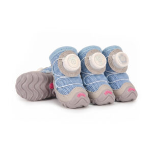 Denim Blue Sparkly Mesh Dog Shoes Set Denim blue sparkly mesh dog shoes featuring light blue diamond cooling grids and white mechanical wire dials.