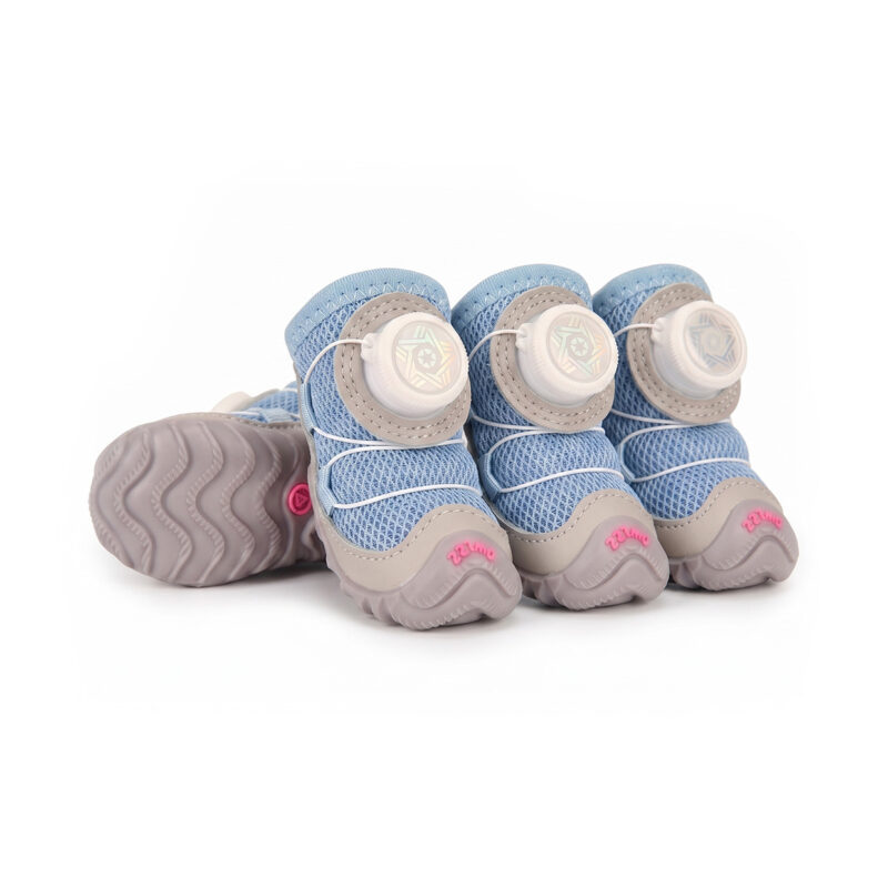 Denim Blue Sparkly Mesh Dog Shoes Set Denim blue sparkly mesh dog shoes featuring light blue diamond cooling grids and white mechanical wire dials.