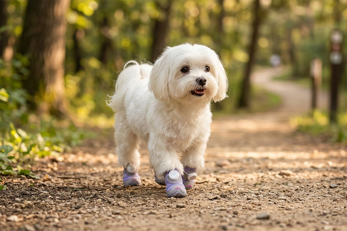 A small white Maltese dog pacing forward over a sun-dappled dirt park pathway wearing taro purple sparkly mesh dog shoes.