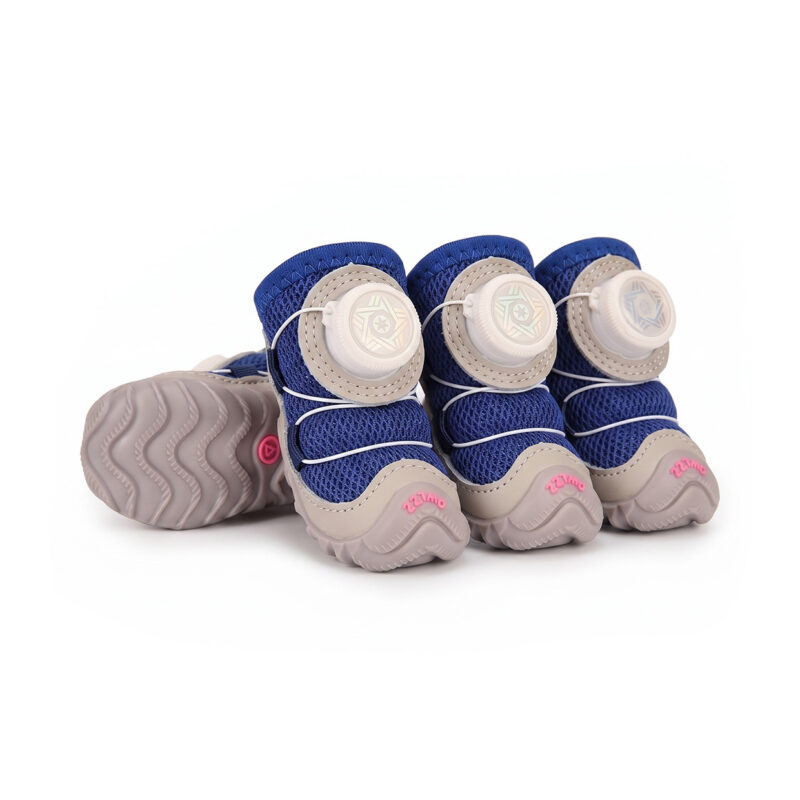 Royal Blue Sparkly Mesh Dog Shoes Pack Royal blue sparkly mesh dog shoes showcasing rich blue open-mesh matrices and white rotating dial anchors.