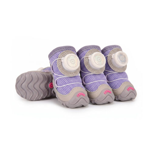 Taro purple sparkly mesh dog shoes displaying purple diamond lattices, gray leather mudguards, and white wire closure dials.