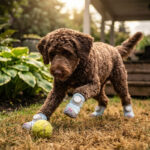 A brown Cockapoo dog playing with a tennis ball on backyard lawn grass wearing macaron blue sparkly reflective dog walking shoes.