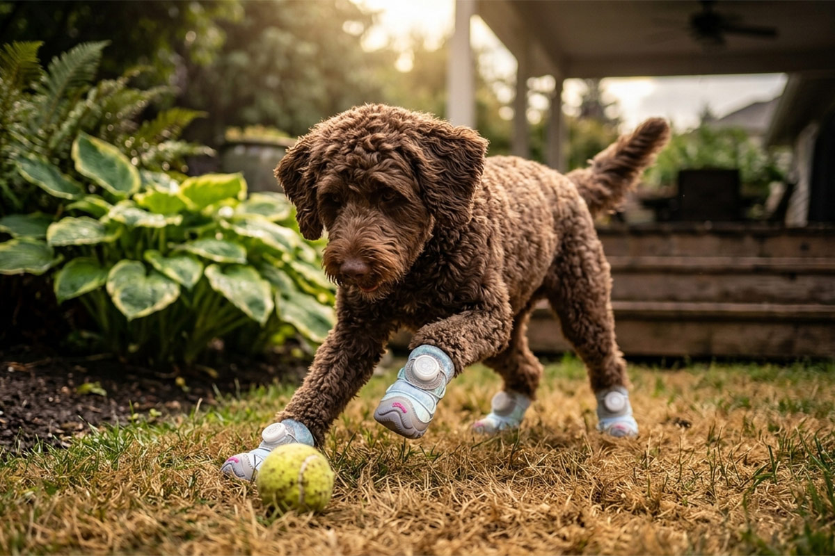 A brown Cockapoo dog playing with a tennis ball on backyard lawn grass wearing macaron blue sparkly reflective dog walking shoes.
