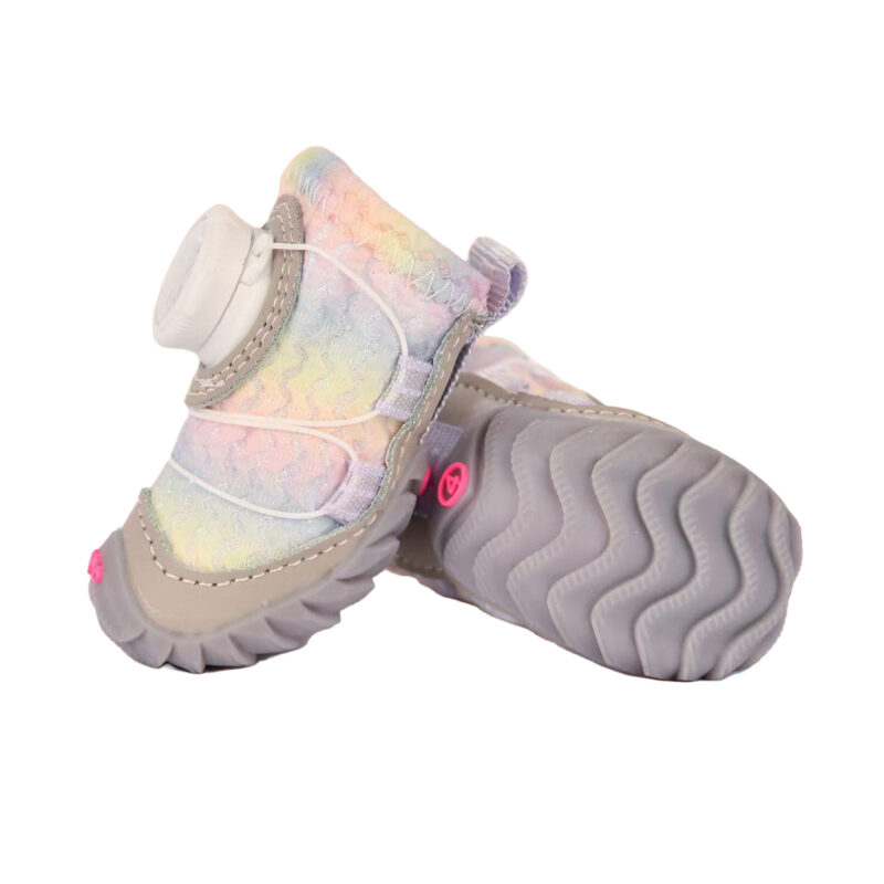 Side look at two stacked unicorn pink sparkly reflective dog walking shoes showing the white wire cable trace paths.