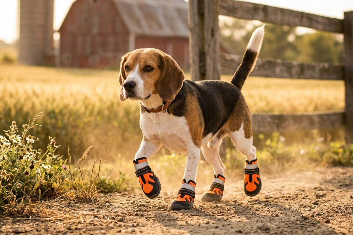 Active Beagle walking along a rustic farm fence wearing tangerine orange sport hiking dog shoes with gray mudguards.