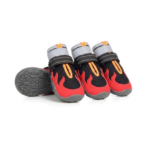 Crimson red sport hiking dog shoes showing the dual Velcro straps gray safety collars and deep tread rubber outsoles.