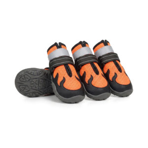 Paw Clad High Visibility Trail Booties Tangerine Orange Variant Tangerine orange sport hiking dog shoes showcasing the breathable sandwich mesh uppers and black protective PU panels.