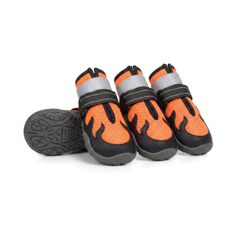 Paw Clad High Visibility Trail Booties Tangerine Orange Variant Tangerine orange sport hiking dog shoes showcasing the breathable sandwich mesh uppers and black protective PU panels.