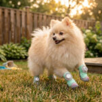 A fluffy cream Pomeranian trotting happily over backyard lawn grass wearing sage green stay-on dial-system dog shoes.