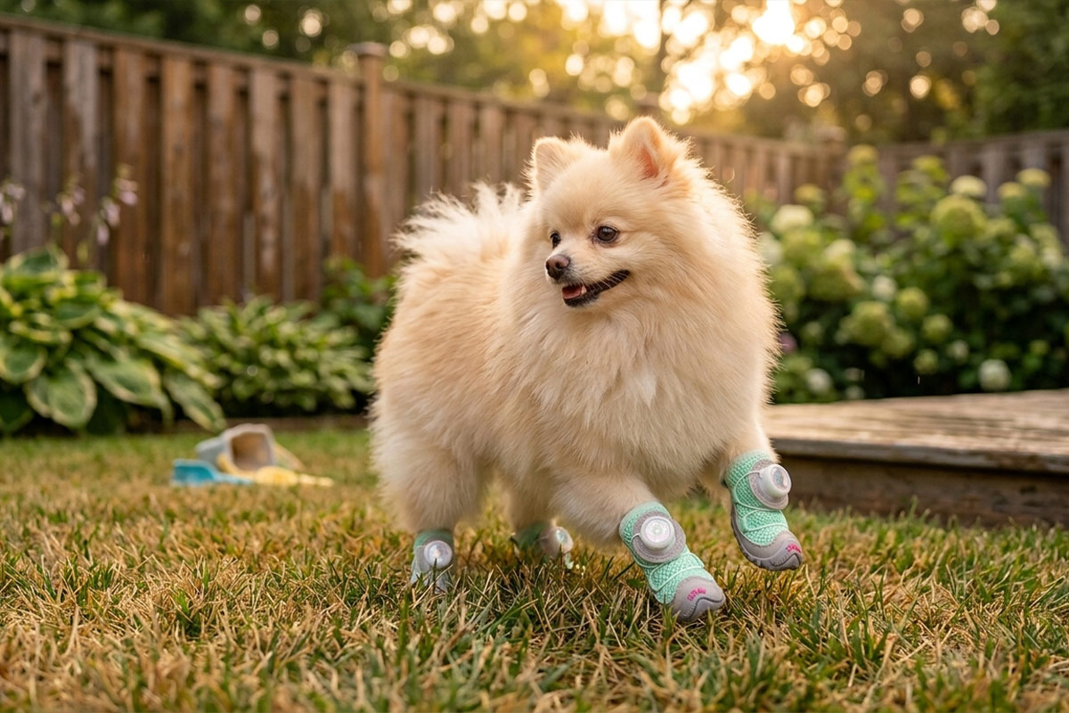 A fluffy cream Pomeranian trotting happily over backyard lawn grass wearing sage green stay-on dial-system dog shoes.