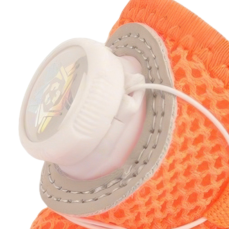 Close up look at the white mechanical rotating dial and stitched micro-cable routing guides on a summer pet bootie.