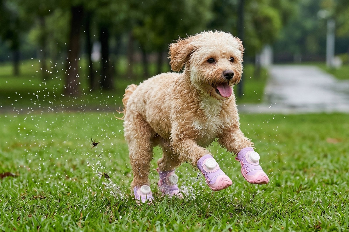 A tan Cockapoo dog bounding fast across wet green park grass wearing taro purple stay-on dial-system puppy shoes.