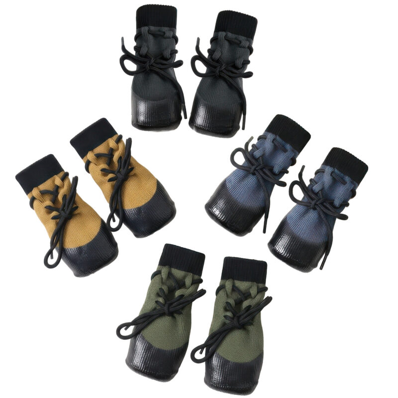 Circular flat lay arrangement of stay-on socks for active dogs showcasing the robust wrap-around lacing configuration.