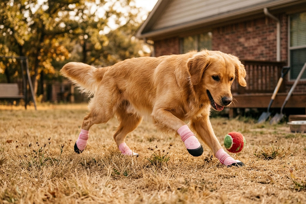 Golden Retriever playing fetch with a ball on backyard lawn wearing sakura pink stay-on socks for active dogs.