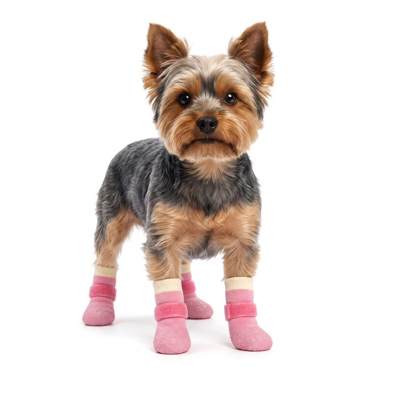 Small Yorkshire Terrier wearing sakura pink stay-on socks with velcro straps for indoor hardwood stability.
