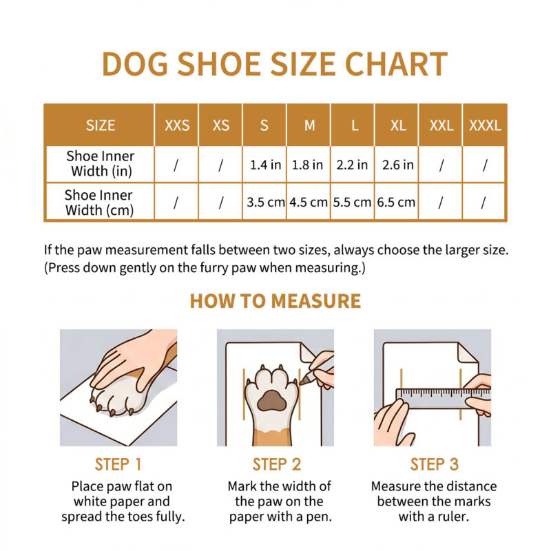 Stay-On Waterproof Rubber Sole Dog Socks Size Chart Paw measurement guide, how to measure, and sizing chart for stay-on waterproof rubber sole dog socks.