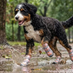 Spotted hybrid dog trotting through a muddy road water puddle wearing coral pink stay-on winter boots.