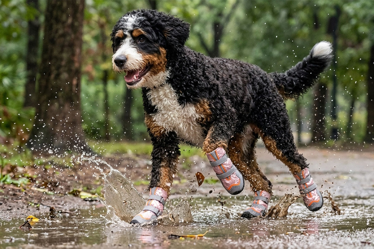 Spotted hybrid dog trotting through a muddy road water puddle wearing coral pink stay-on winter boots.