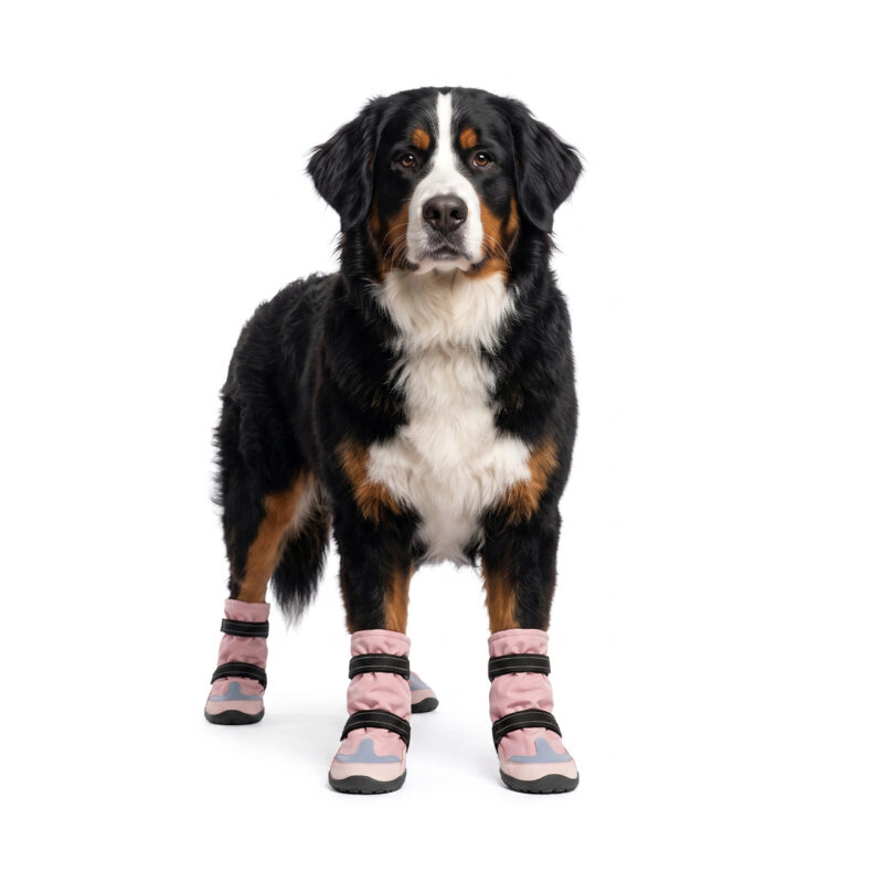 Stay-On Winter Dog Boots On Bernese Mountain Dog Bernese Mountain Dog standing upright in blush pink stay-on winter dog boots featuring durable protective toe shields.