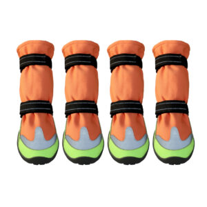 Stay-On Winter Dog Boots Tangerine Orange Lineup Four stay-on winter dog boots in tangerine orange standing upright showcasing dual reflective adjustment magic bands.