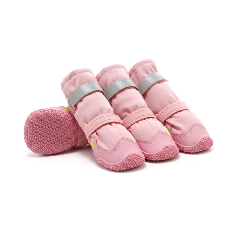 Stretch Fabric Dog Boots Blush Pink Full Set Stretch fabric dog boots in blush pink showing four structured tall-shaft booties with pink anti-slip rubber soles.