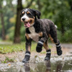 Active hybrid dog sprinting through a muddy water puddle wearing stealth black stretch fabric dog boots.