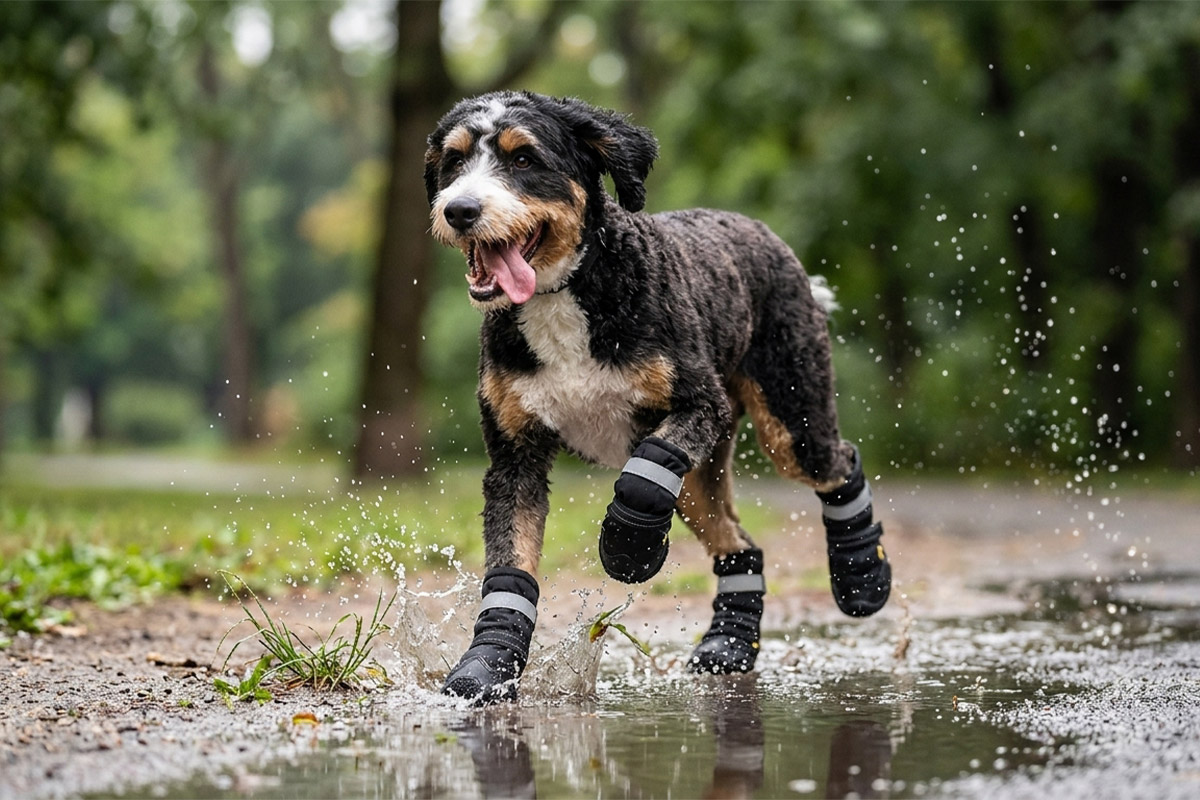 Active hybrid dog sprinting through a muddy water puddle wearing stealth black stretch fabric dog boots.
