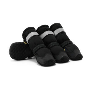 Stretch Fabric Dog Boots Stealth Black Overview Stretch fabric dog boots in stealth black featuring dual adjustment velcro straps and high grip diamond outsoles.